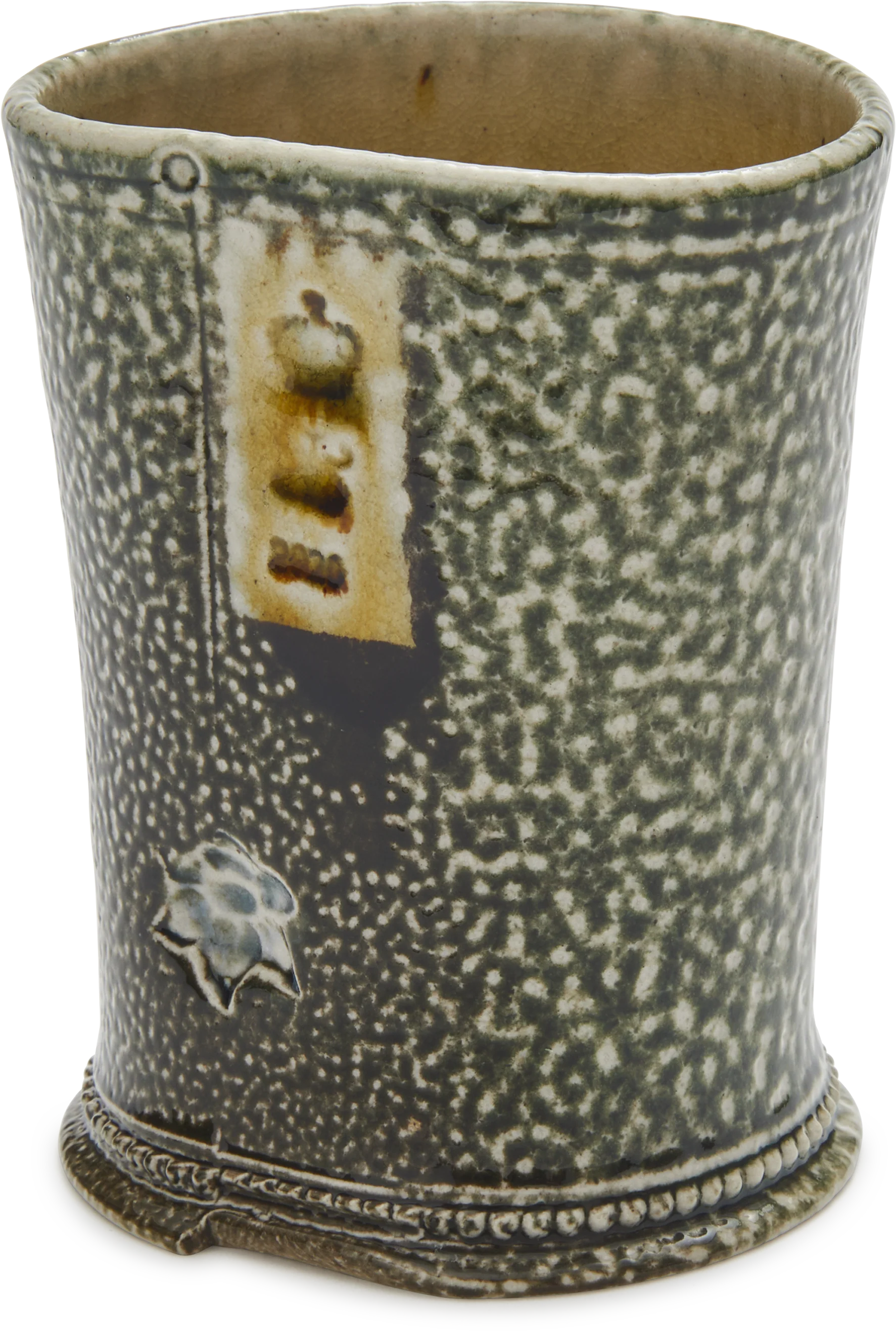 Steve Harrison Ceramic Desk Cup, No.146 Green Stoneware with Small Sunflower
