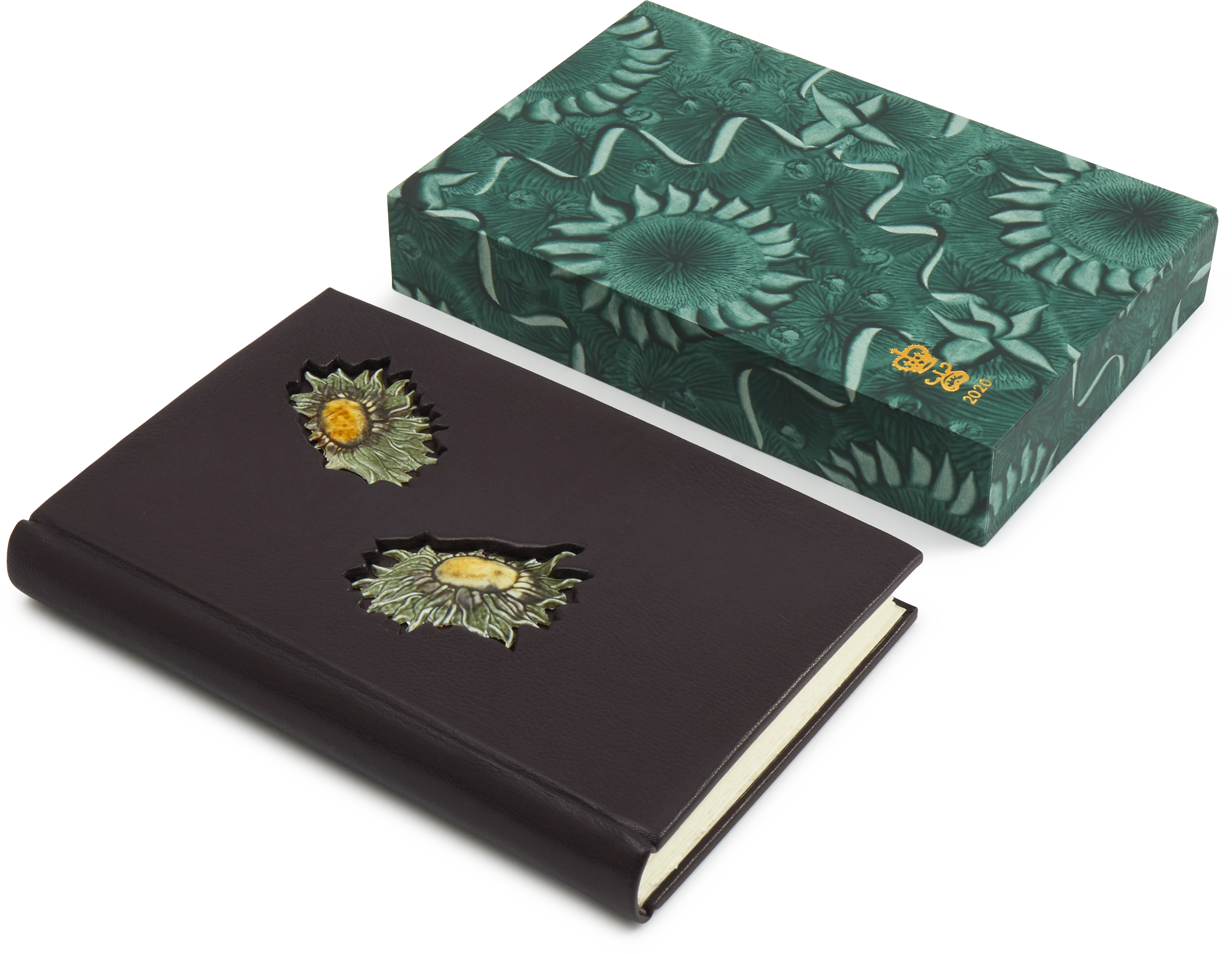 Steve Harrison Leather Bound Dark Brown Notebook with Green Ceramic Sunflowers and Slipcase