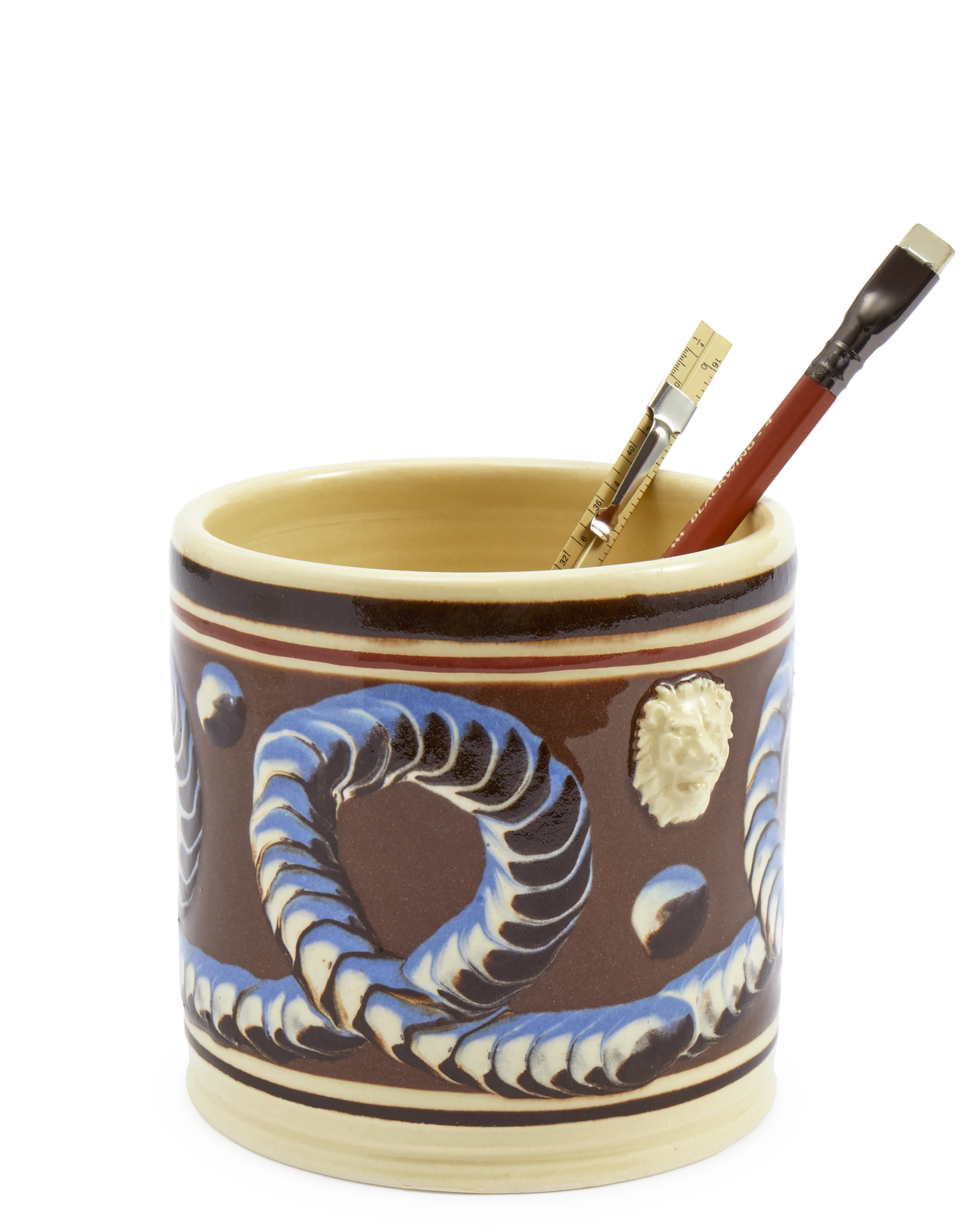 Brown Mochaware Ceramic Pen Pot, 'Earth Worm' - Image 3