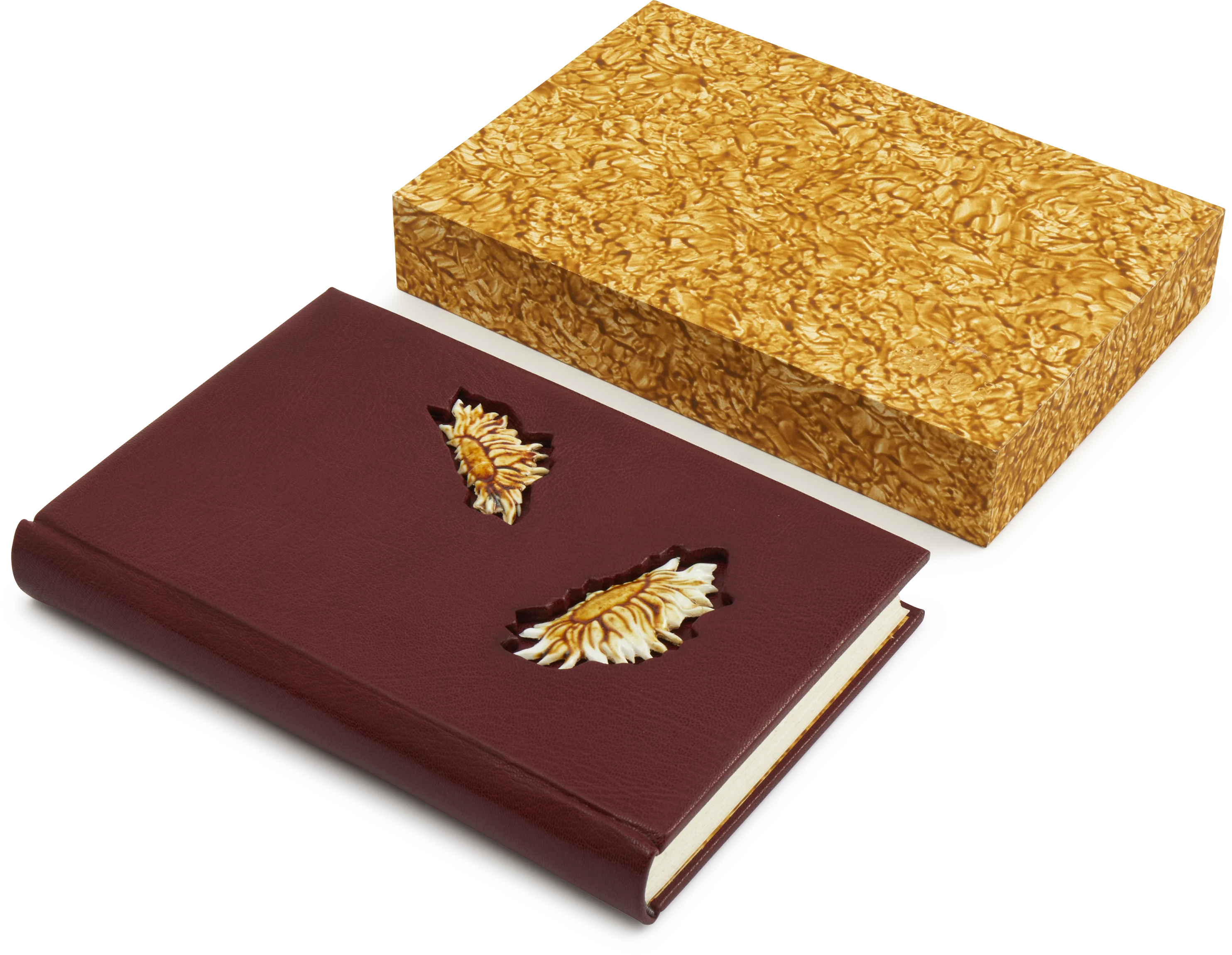 Steve Harrison Leather Bound Burgundy Notebook with Yellow Ceramic Sunflowers and Slipcase
