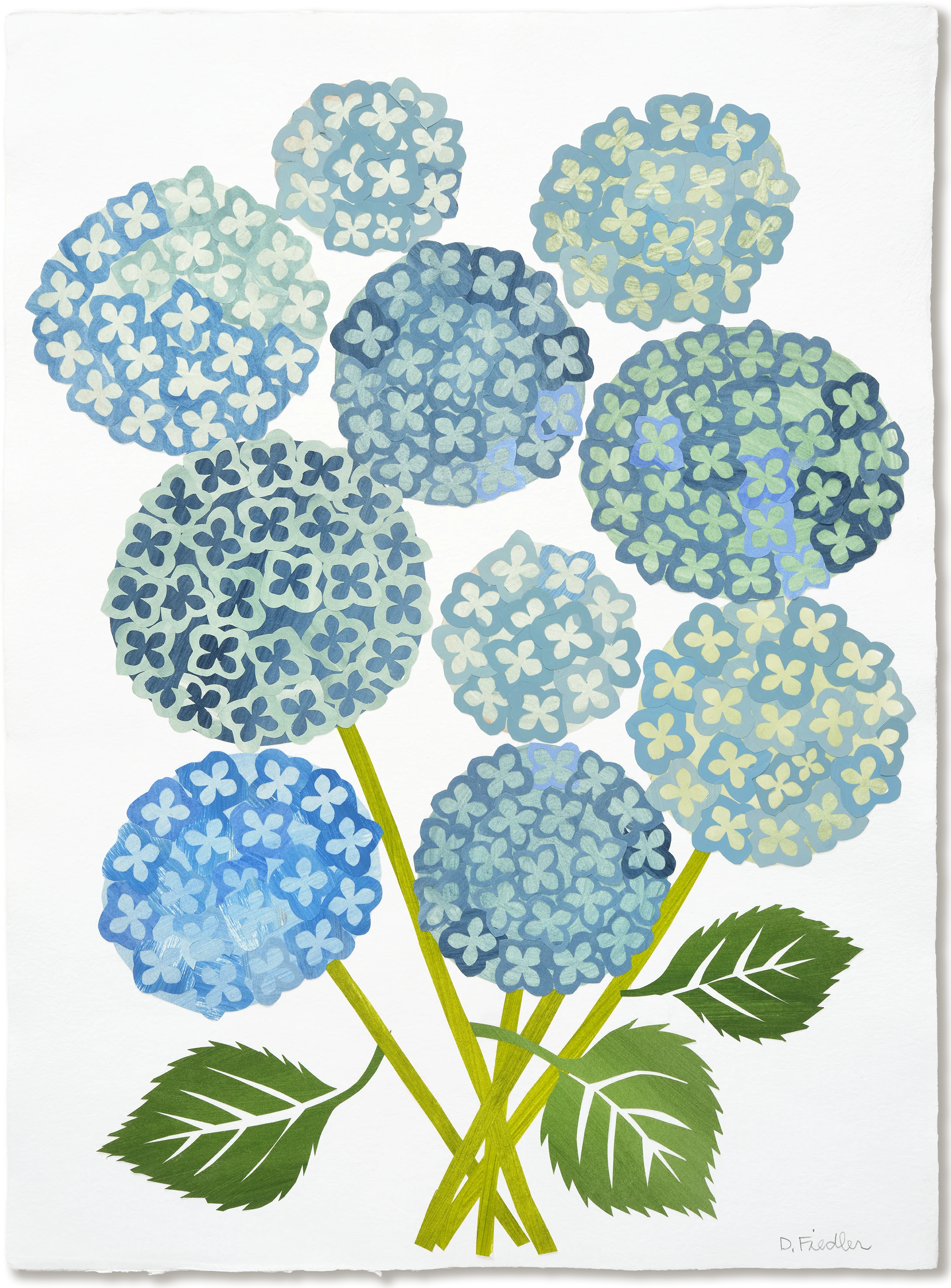Denise Fiedler Floral Collage - 10 Blue & Green Hydrangeas with Stems