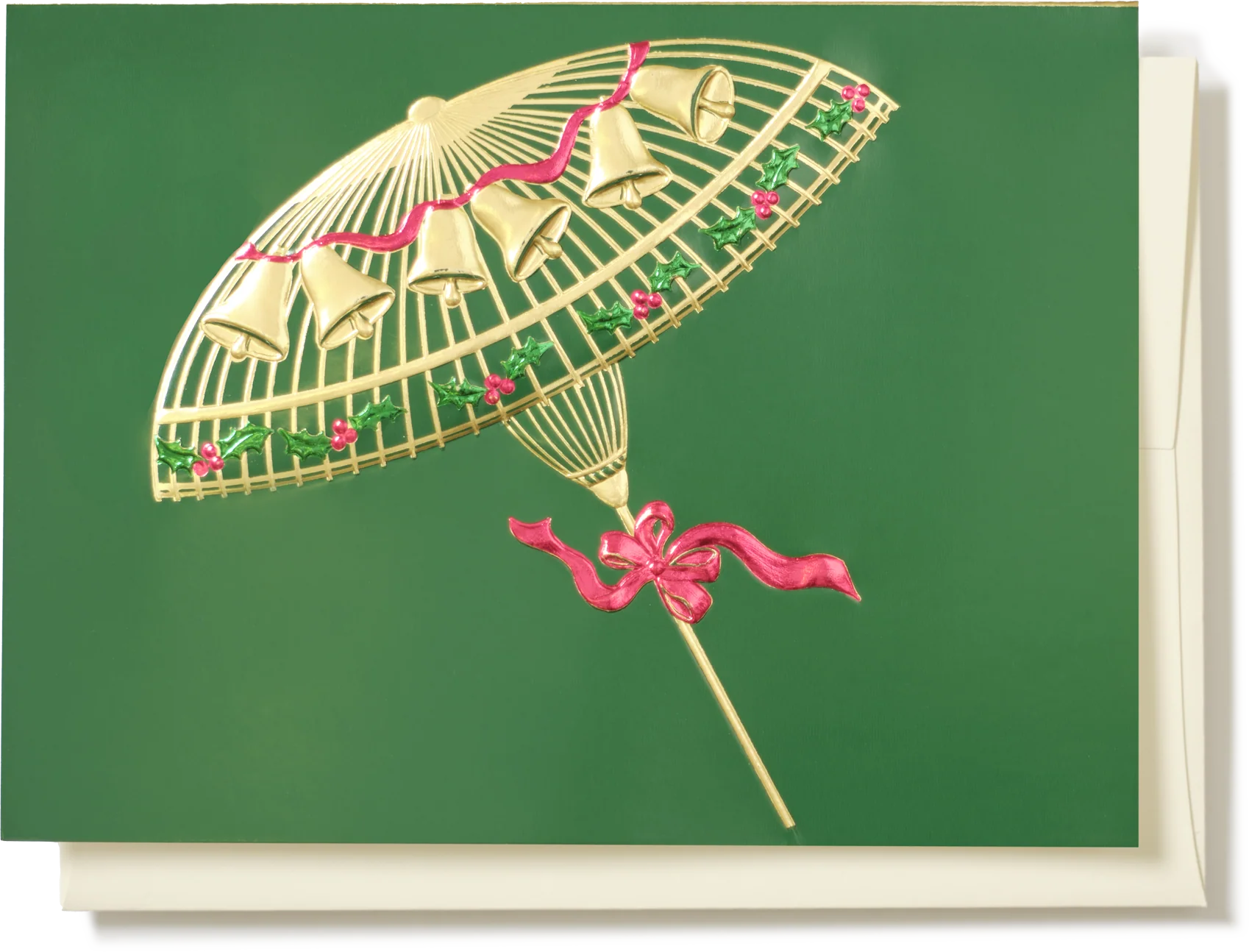Engraved Christmas Parasol with Bells and Holly Greeting Card