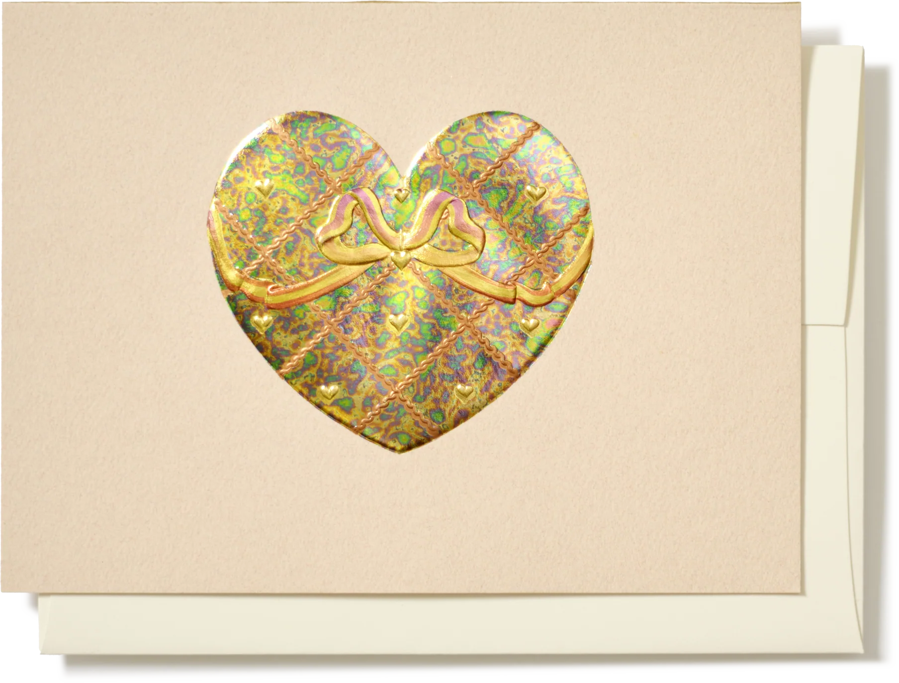 Engraved Quilted Gold on Coral Heart with Ribbon Greeting Card