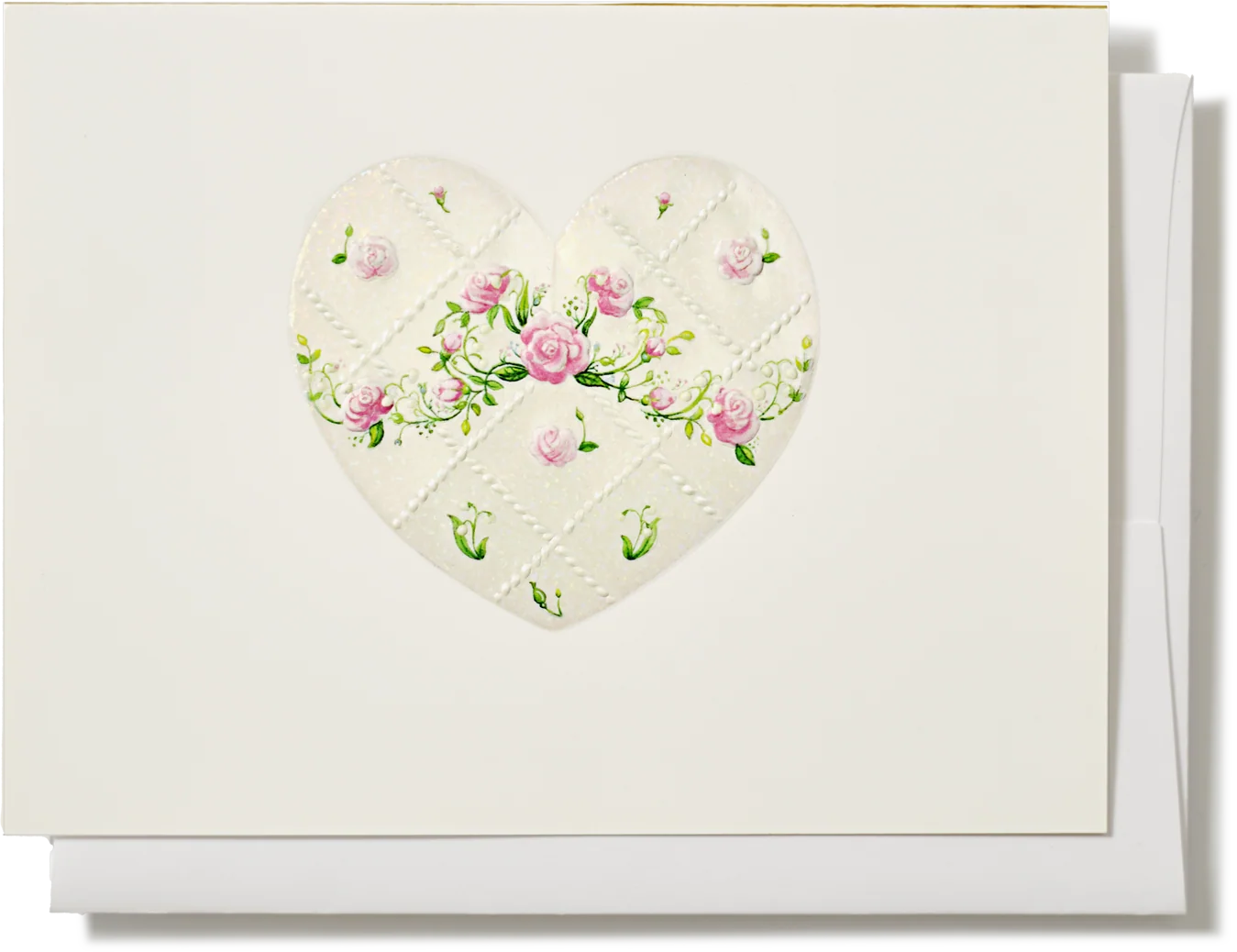 Engraved Quilted White Heart with Roses Greeting Card