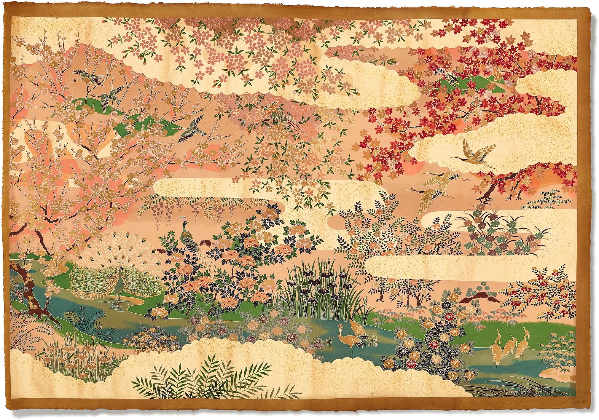 Full-Panel Chiyogami Silk Screen Print, Gold Peacock