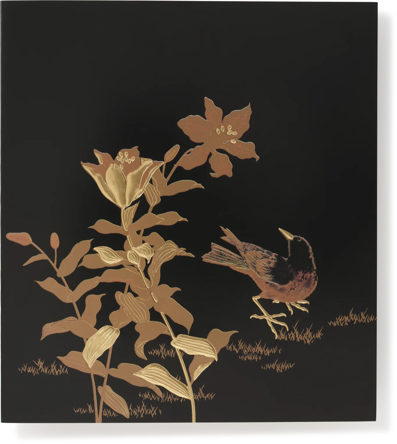 Gold Foil Japanese Lacquer Greeting Card, Sparrow and Lily