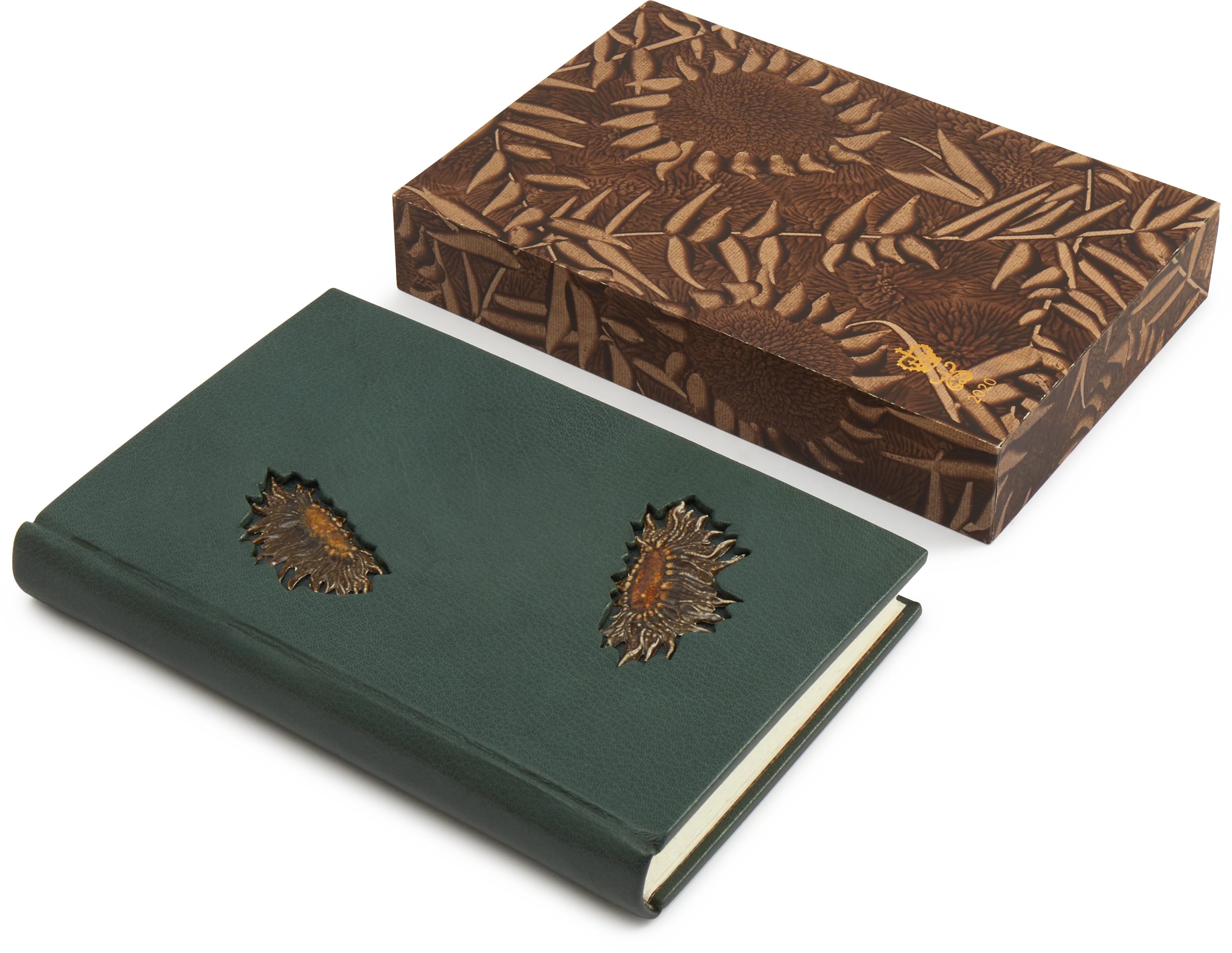 Steve Harrison Leather Bound Green Notebook with Brown Ceramic Sunflowers and Slipcase
