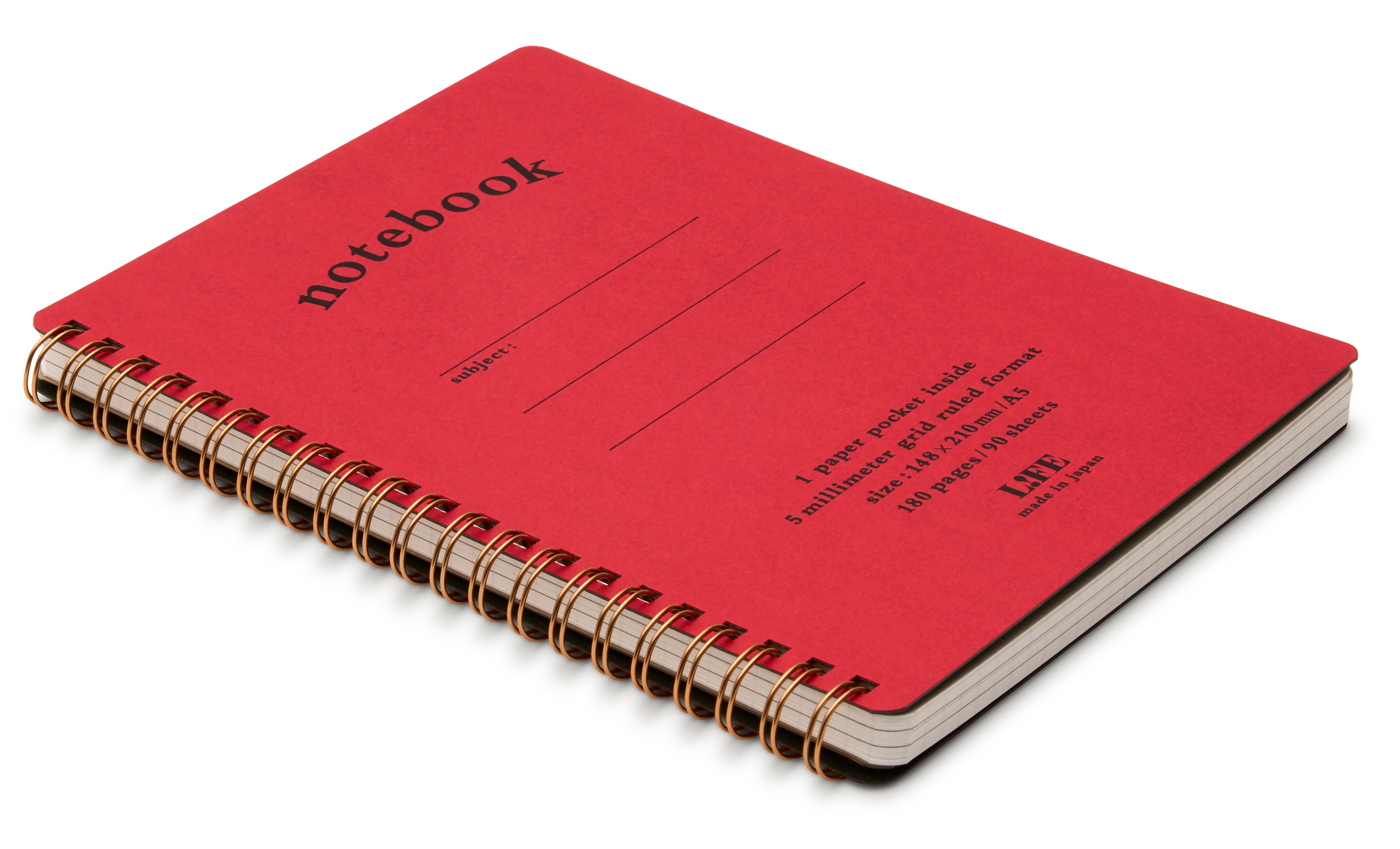 Life Spiral Bound A5 Grid Notebook with Pocket, Red