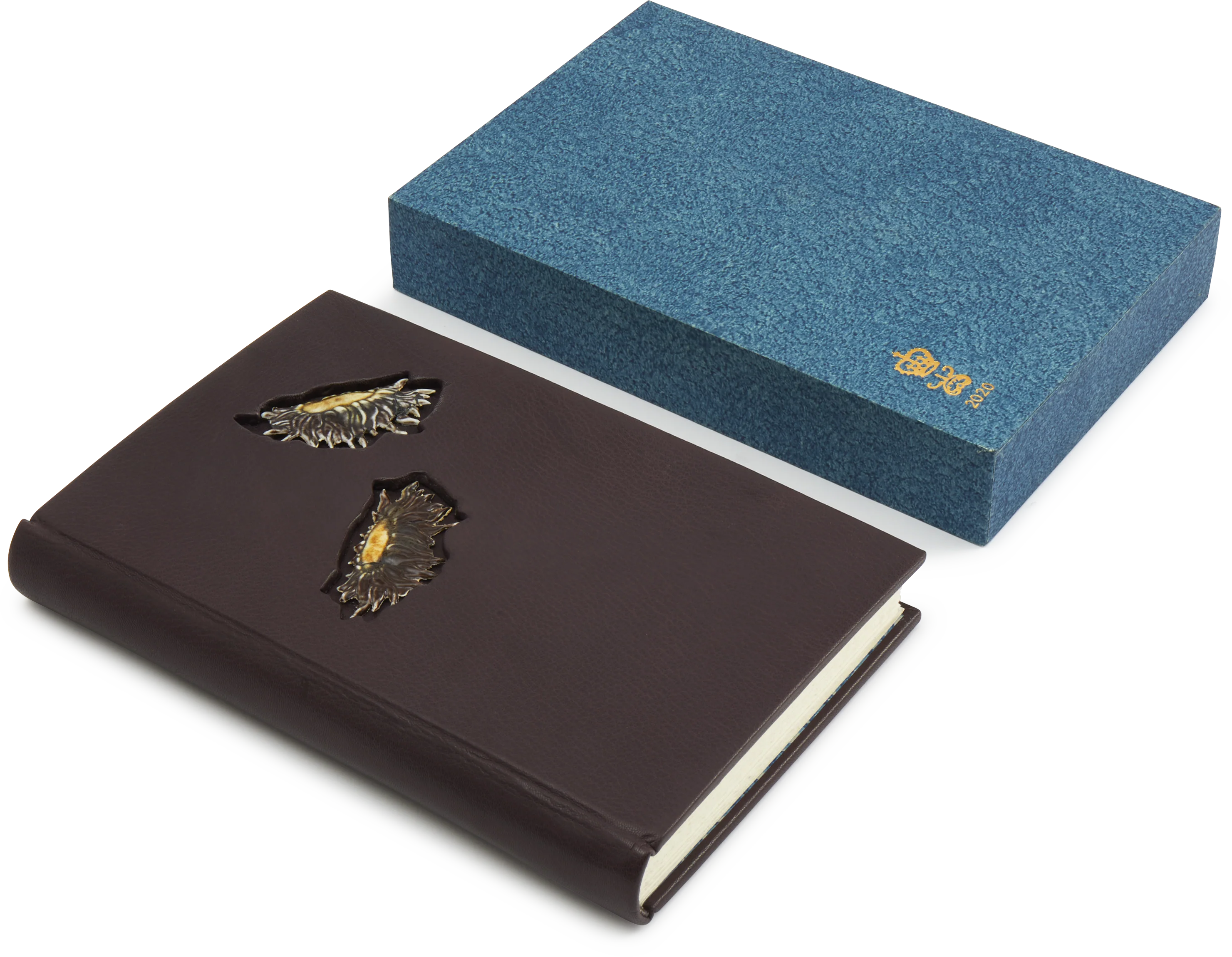 Steve Harrison Leather Bound Mahogany Notebook with Brown Ceramic Sunflowers and Slipcase