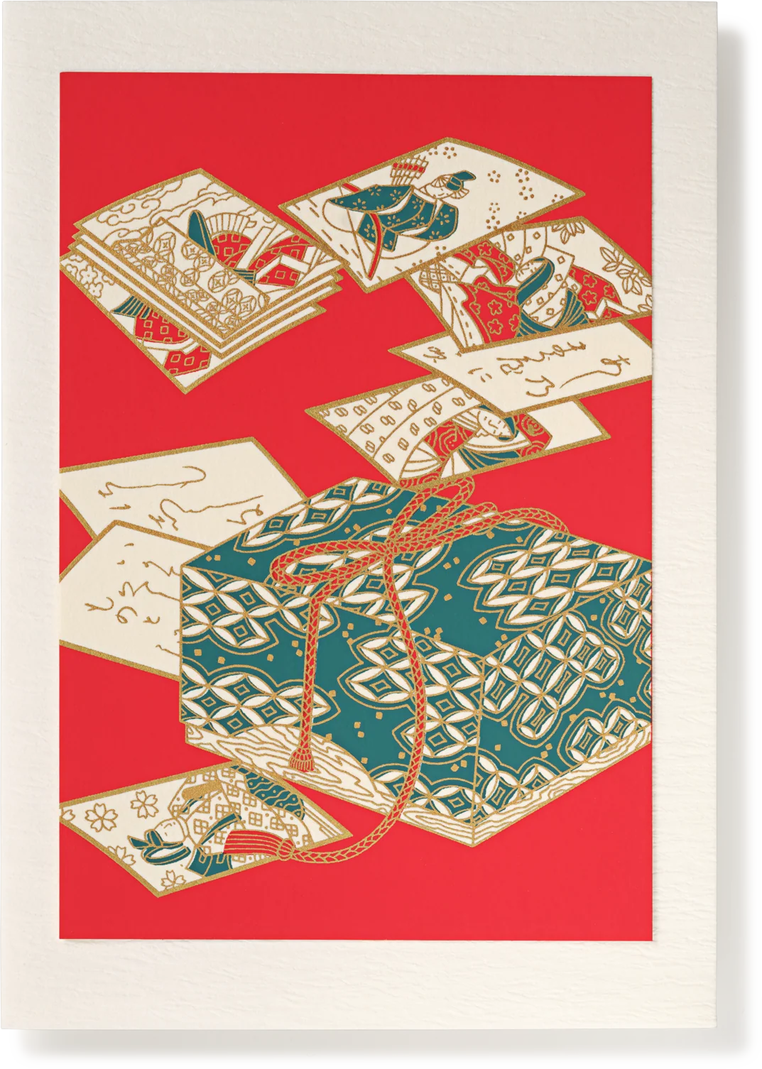Silk-Screen Printed Japanese Christmas Greeting Card, Box and Pictures