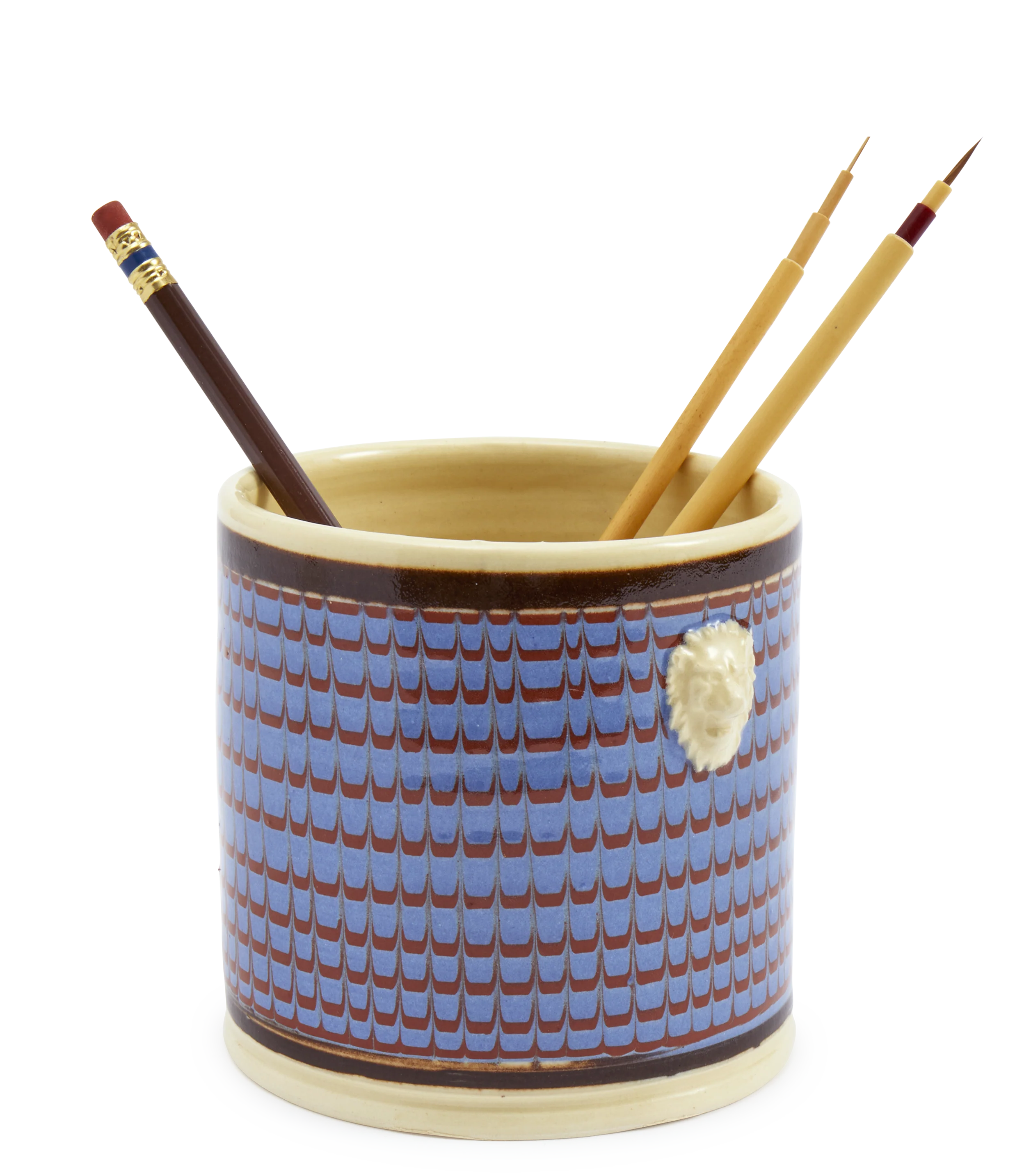 Blue & Red Mochaware Ceramic Pen Pot, 'Comb'