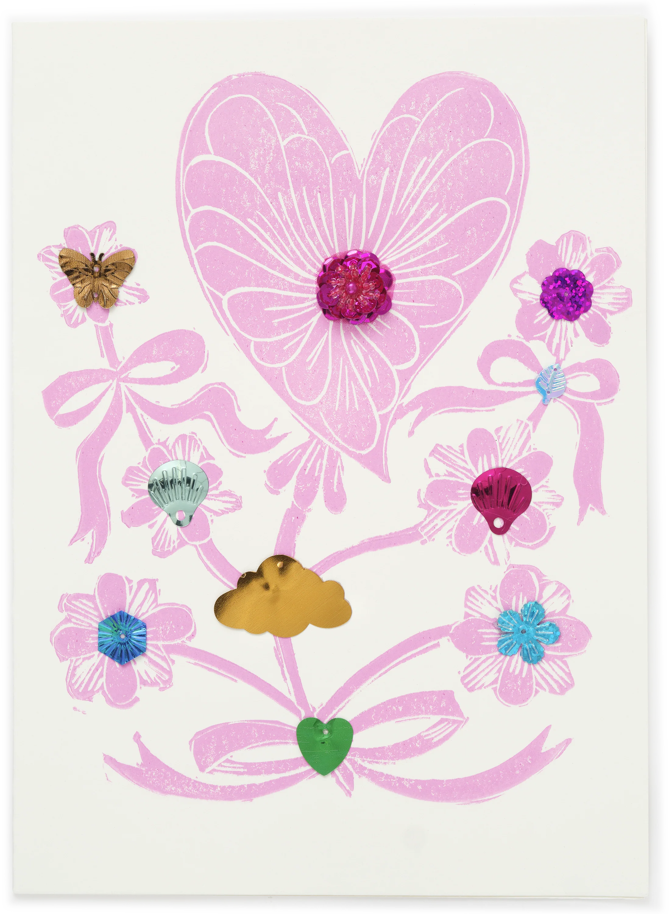 Woodblock Sequin Heart Greeting Card